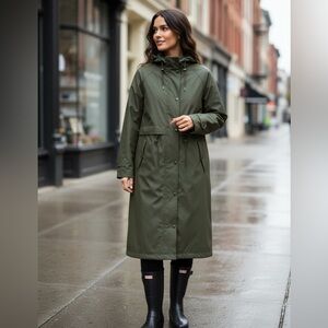 Vintage LL Bean Jacket Women’s Petite PM Green Trench Coat Hooded Zip Snap